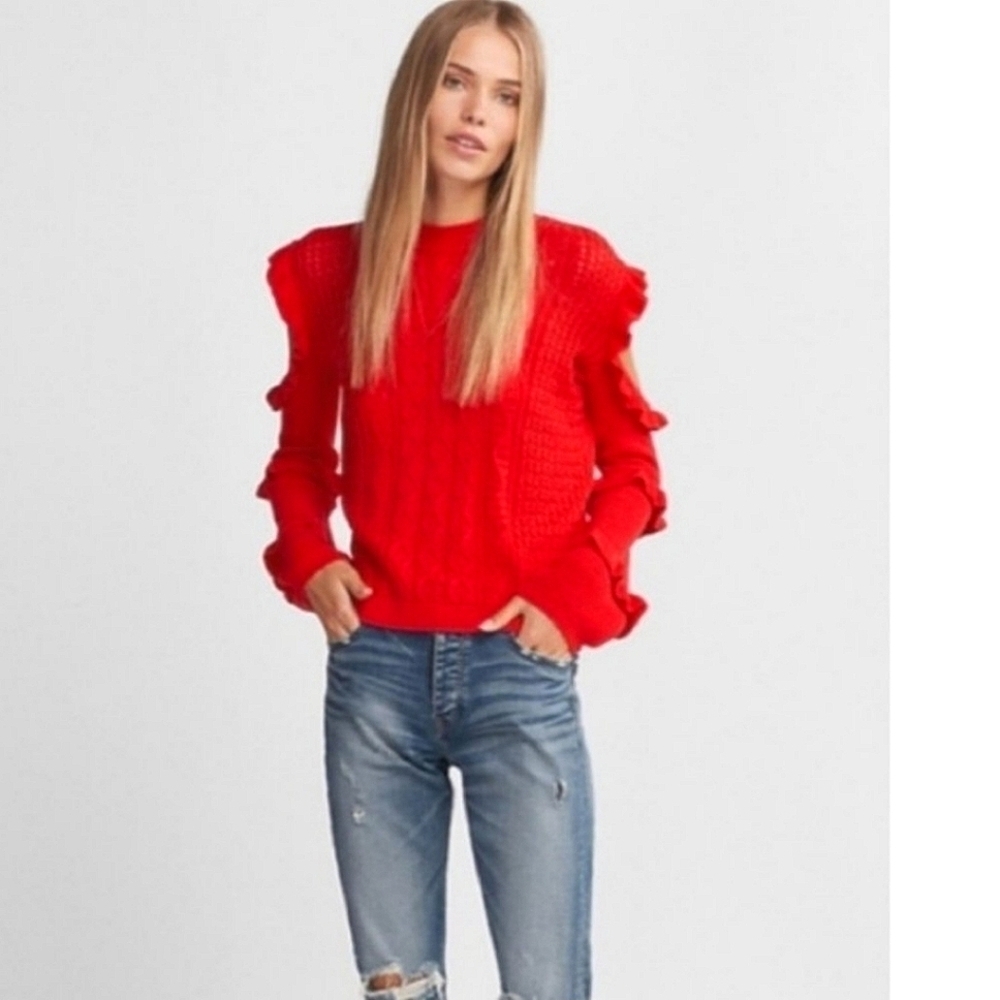 Express Red Cable Knit Cold Shoulder Ruffle Sweater XS - Picture 10 of 11